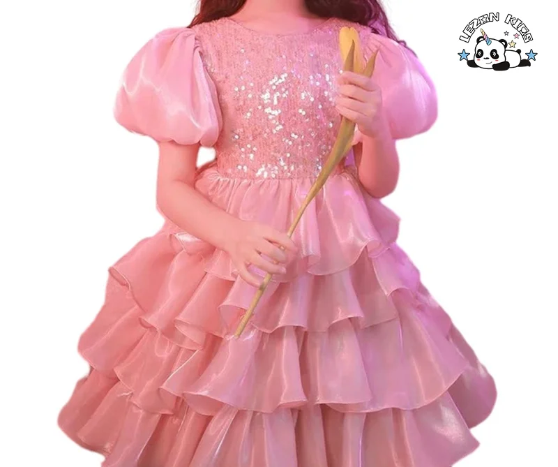 LEZONKIDS - 2023 New Girls Sequined Puff Sleeve Layers Lily Satin Tutu Dresses Cute Princess Dress for Girls